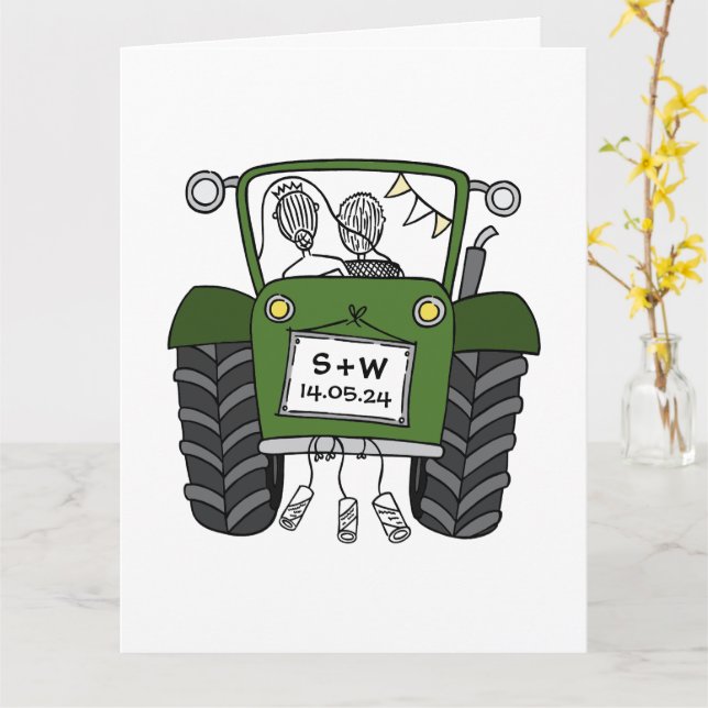 Custom Green Tractor Country Barn Rustic Wedding Card (Yellow Flower)