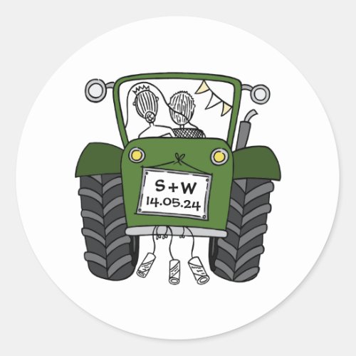 Custom Green Tractor Country Barn Rustic Wedding Classic Round Sticker
