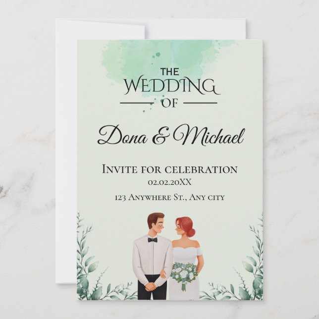 Custom green watercolor flowy wedding invitation (Front)