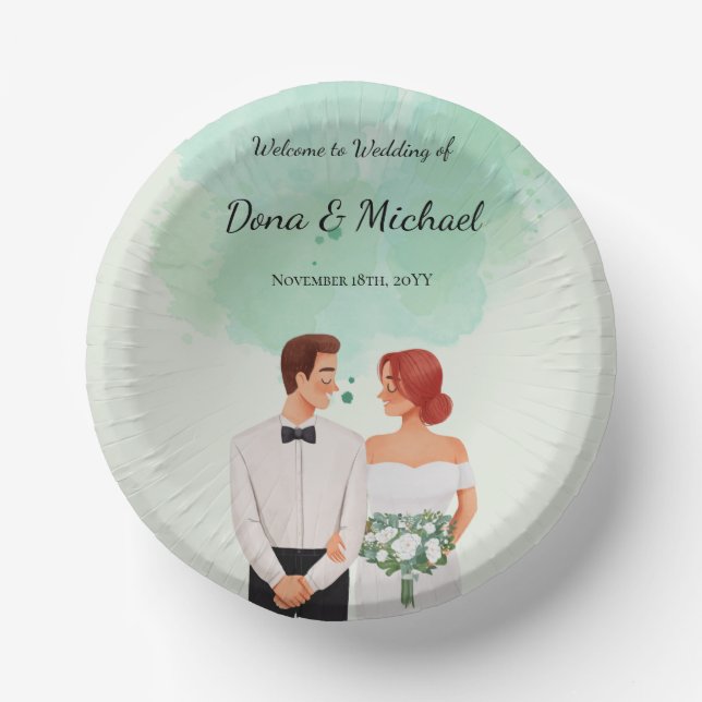 Custom green watercolor flowy wedding paper bowls (Front)