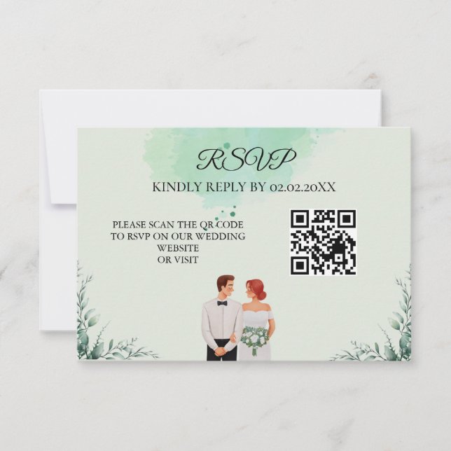 Custom green watercolor flowy wedding RSVP card (Front)
