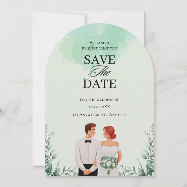 Custom green watercolor flowy wedding save the date (Front)
