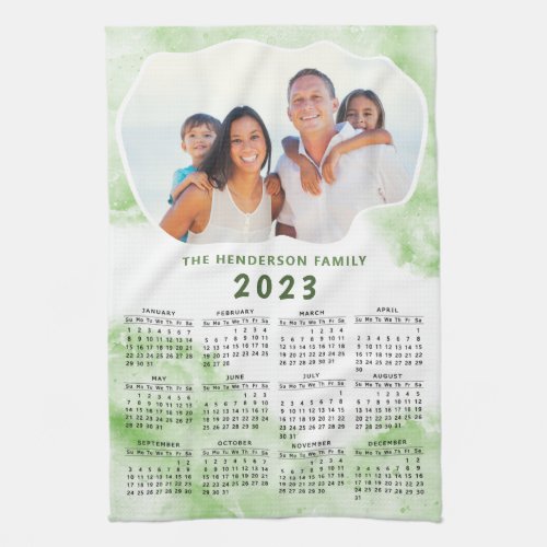 Custom Green White Family Name Photo 2023 Calendar Kitchen Towel