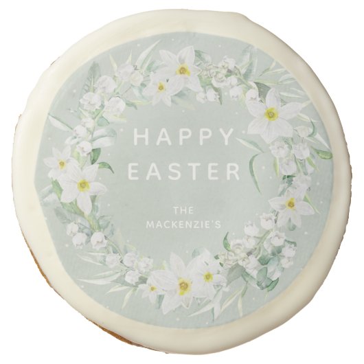 Custom Green + White Floral Wreath Happy Easter Sugar Cookie (Front)