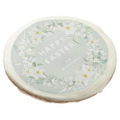 Custom Green + White Floral Wreath Happy Easter Sugar Cookie (Angled)