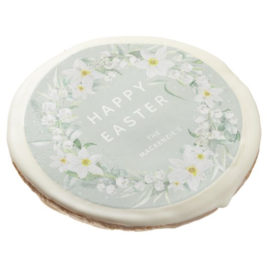 Custom Green + White Floral Wreath Happy Easter Sugar Cookie (Angled)