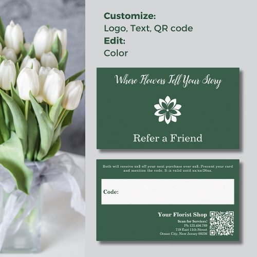Custom Green  White Florist Refer a Friend Card