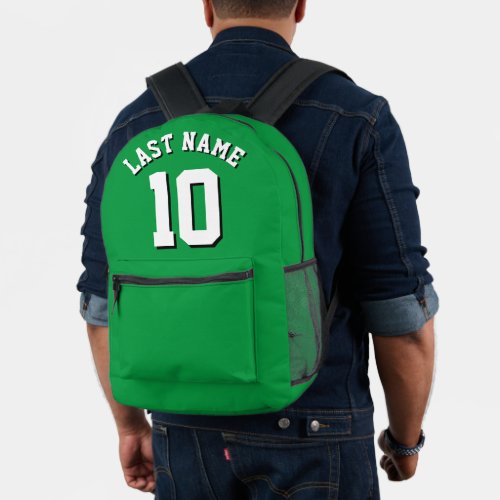 Custom Green White Last Name Sports Jersey Number Printed Backpack