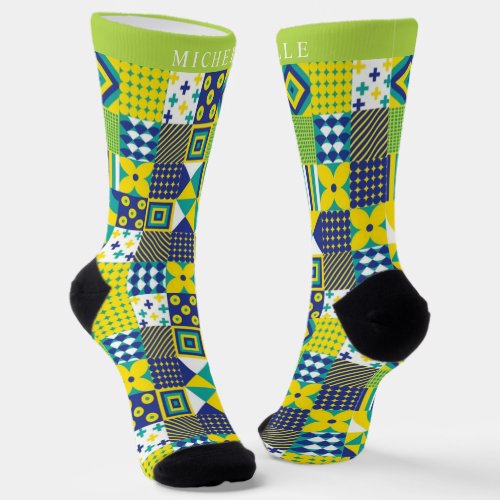Custom Green Yellow White Blue Geometric Pattern Socks