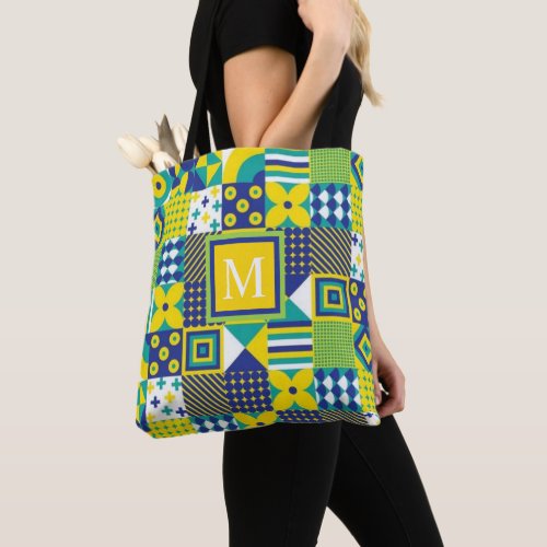 Custom Green Yellow White Blue Geometric Pattern Tote Bag