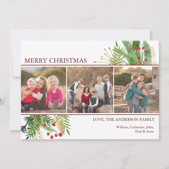 Custom Greeting 3 Photo Merry Christmas Holly Holiday Card (Front)