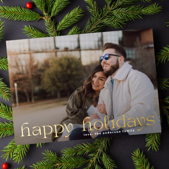 Custom Greeting Gold Family Photo Happy Foil Holiday Card (Creator Uploaded)