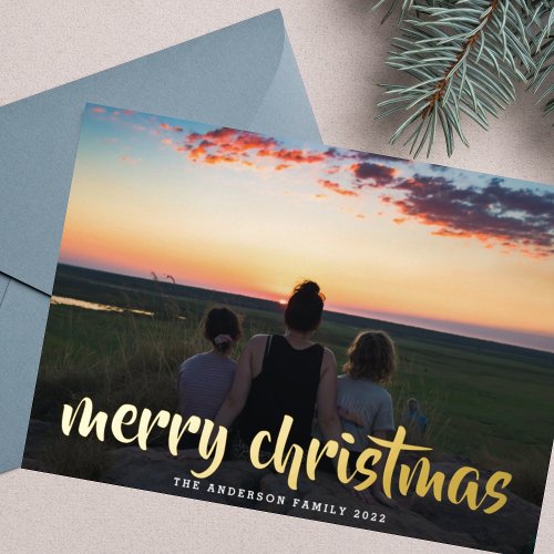 Custom Greeting Gold Merry Christmas Family Photo Foil Holiday Card
