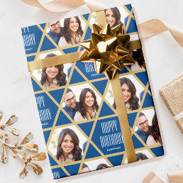 Custom Greeting Name &amp; Photos Star Pattern Blue Wrapping Paper