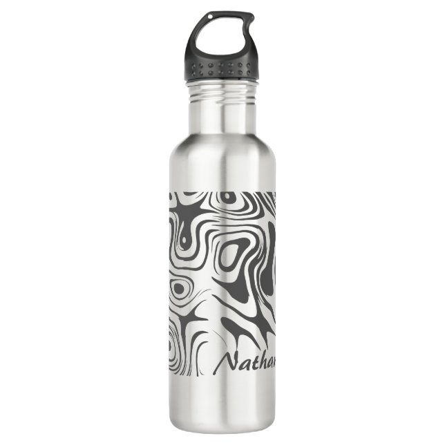 Custom Grey Abstract Swirly Pattern Personalised Stainless Steel Water Bottle (Front)