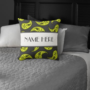 Custom Grey And Yellow Paisleys Your Name Throw Pillow by machomedesigns at Zazzle