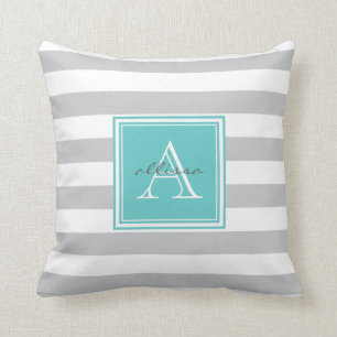 CUSTOM Grey Aqua Monogrammed Awning Stripe Throw Pillow