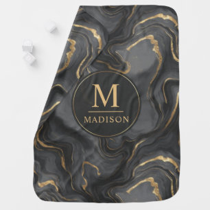 Custom Grey Black and Gold Glitter Marble Pattern Baby Blanket