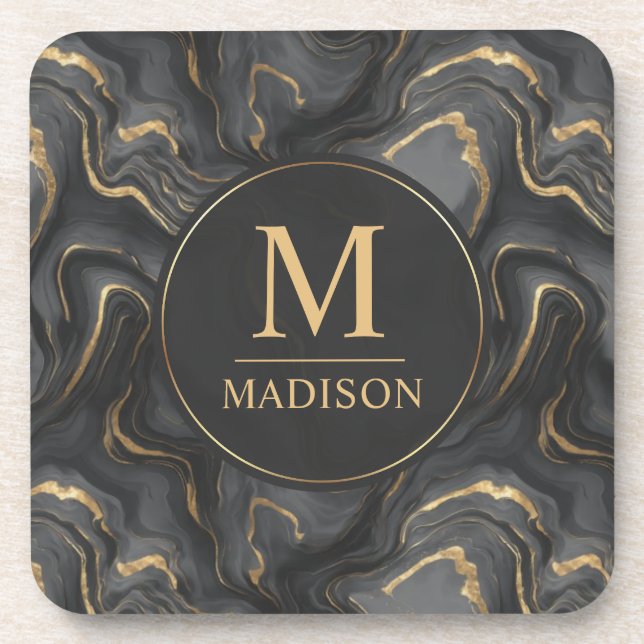 Custom Grey Black and Gold Glitter Marble Pattern  Beverage Coaster (Front)