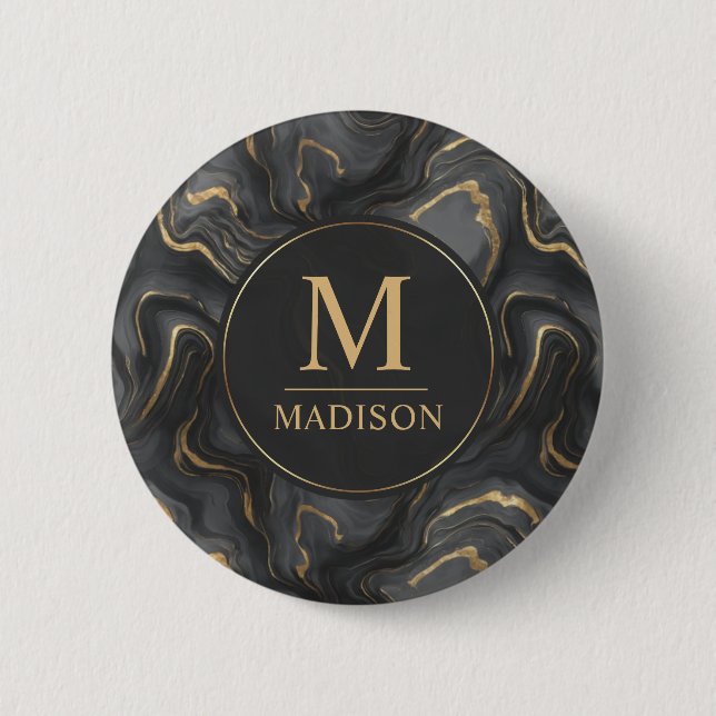 Custom Grey Black and Gold Glitter Marble Pattern  Button (Front)
