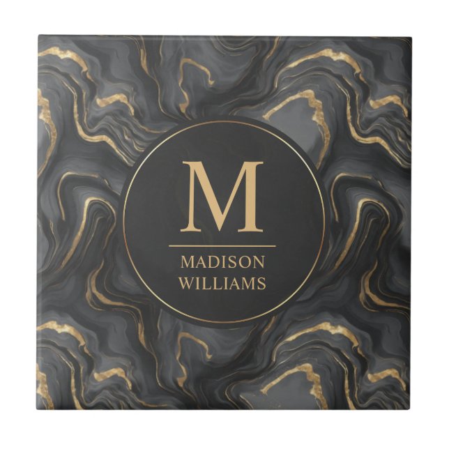 Custom Grey Black and Gold Glitter Marble Pattern  Ceramic Tile (Front)