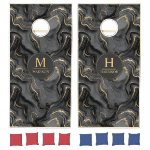 Custom Grey Black and Gold Glitter Marble Pattern Cornhole Set