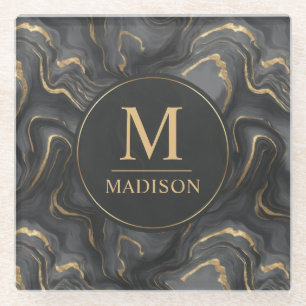 Custom Grey Black and Gold Glitter Marble Pattern  Glass Coaster