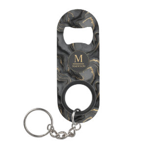 Custom Grey Black and Gold Glitter Marble Pattern Keychain Bottle Opener