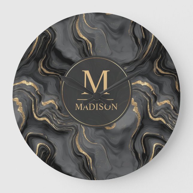 Custom Grey Black and Gold Glitter Marble Pattern Large Clock (Front)