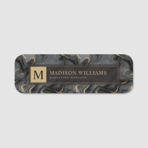 Custom Grey Black and Gold Glitter Marble Pattern Name Tag