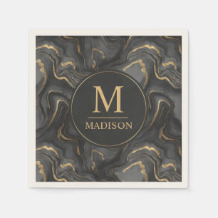 Custom Grey Black and Gold Glitter Marble Pattern Napkins