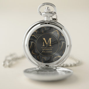 Custom Grey Black and Gold Glitter Marble Pattern Pocket Watch