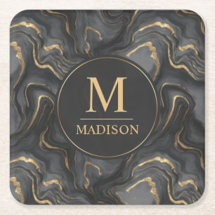 Custom Grey Black and Gold Glitter Marble Pattern  Square Paper Coaster