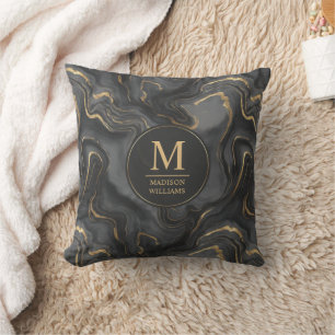 Custom Grey Black and Gold Glitter Marble Pattern Throw Pillow