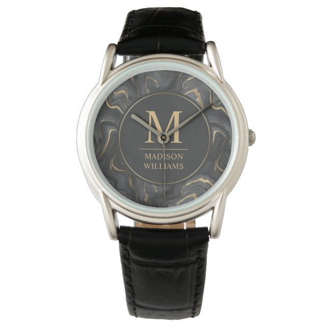 Custom Grey Black and Gold Glitter Marble Pattern  Watch (Front)