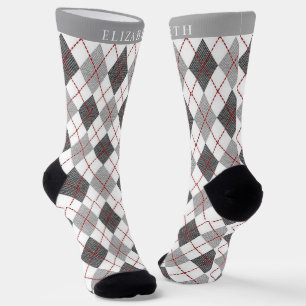Custom Grey Black White Red Argyle Pattern Socks