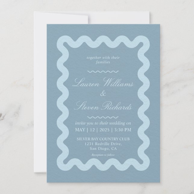 Custom Grey Blue Billowing Border Wedding Invitation (Front)
