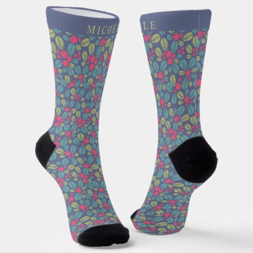 Custom Grey Blue Floral Pink Green Flowers Pattern Socks