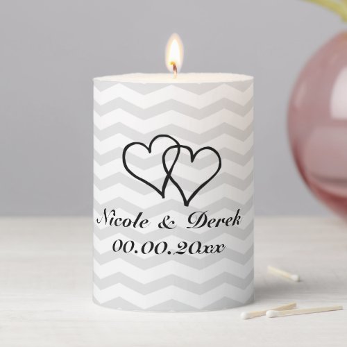 Custom grey chevron pattern wedding pillar candles