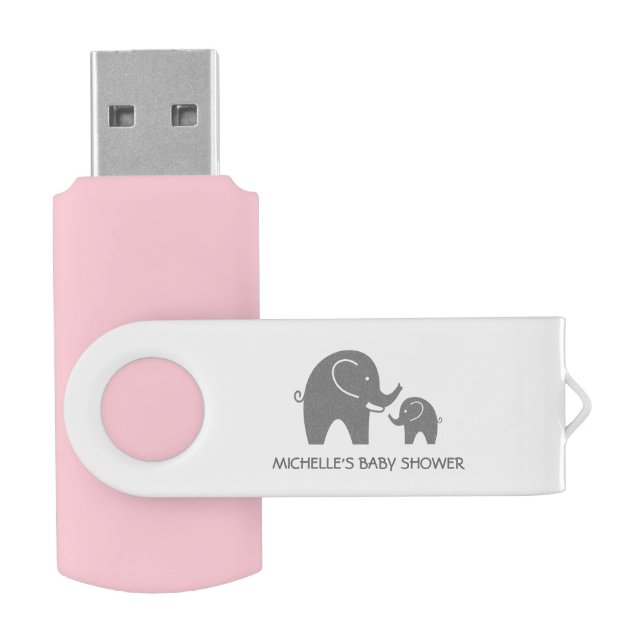 Custom grey elephant baby shower USB flash drive (Opened)