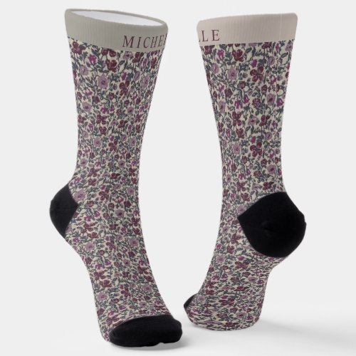 Custom Grey Floral Light Dark Purple Flowers Socks