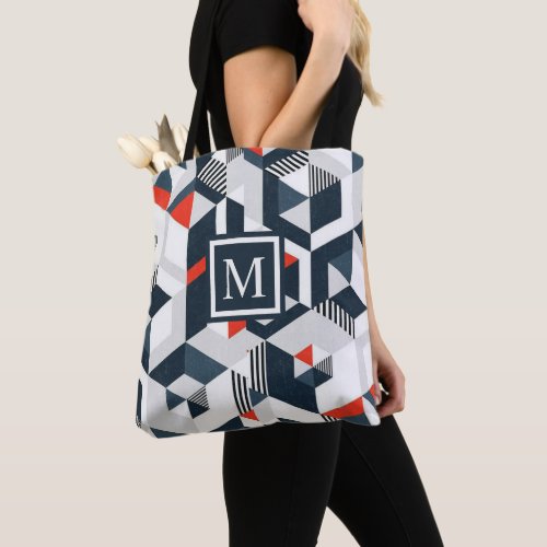 Custom Grey White Blue Red Geometric Pattern Tote Bag