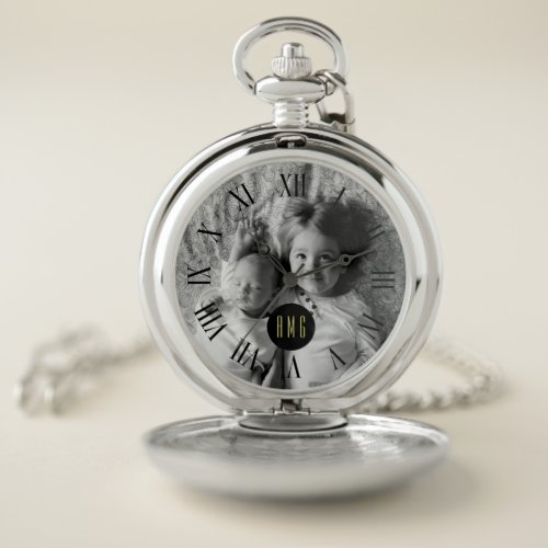 Custom Greyscale Photo  Monogram Pocket Watch