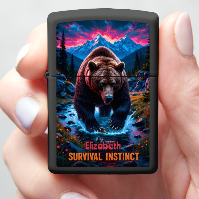 Custom Grizzly Bear: Survival Instinct Mountain Zippo Lighter (In Hand)