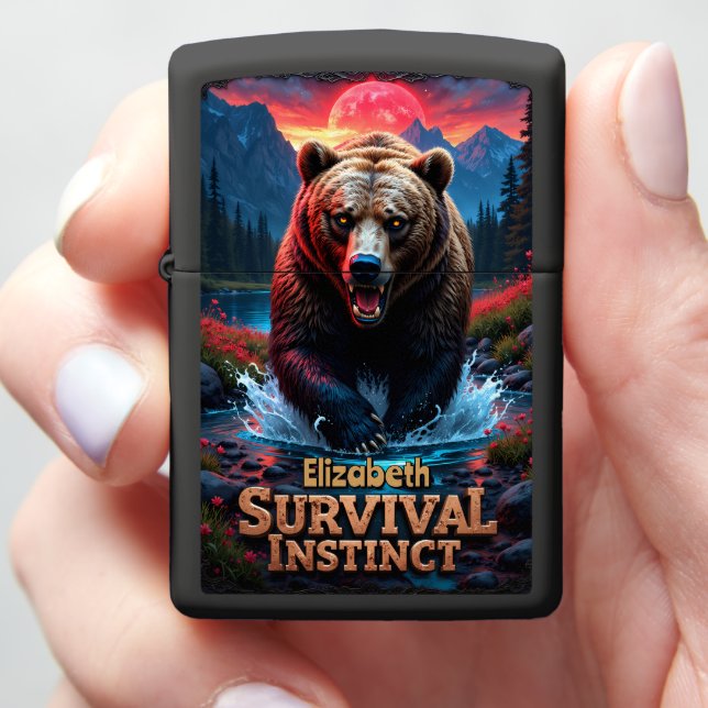 Custom Grizzly Bear Survival Instinct Zippo Lighter (In Hand)