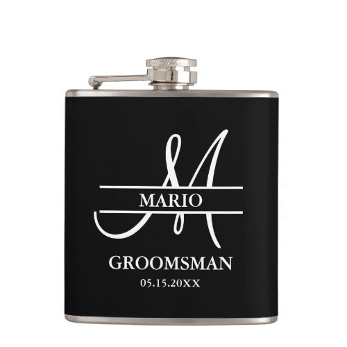 Custom Groomsman Best Man Wedding Monogram Black  Flask