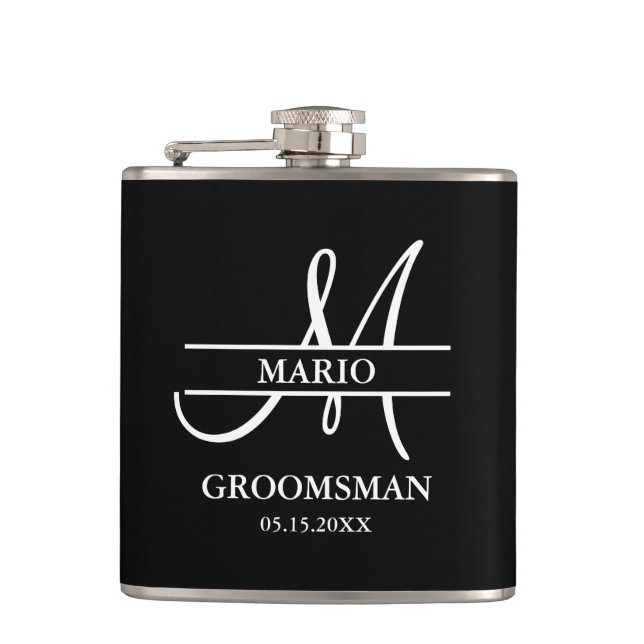 Custom Groomsman Best Man Wedding Monogram Black  Flask (Front)