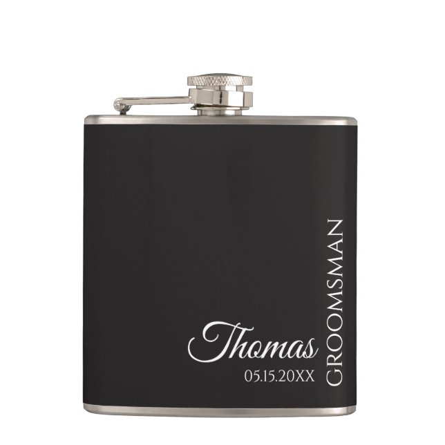 Custom Groomsman Best Man Wedding Monogram Black  Flask (Front)
