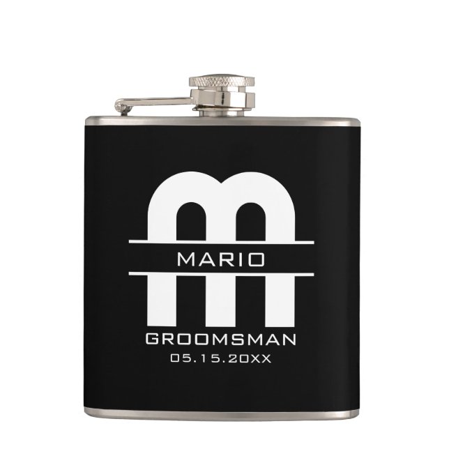 Custom Groomsman Best Man Wedding Monogram Black  Flask (Front)