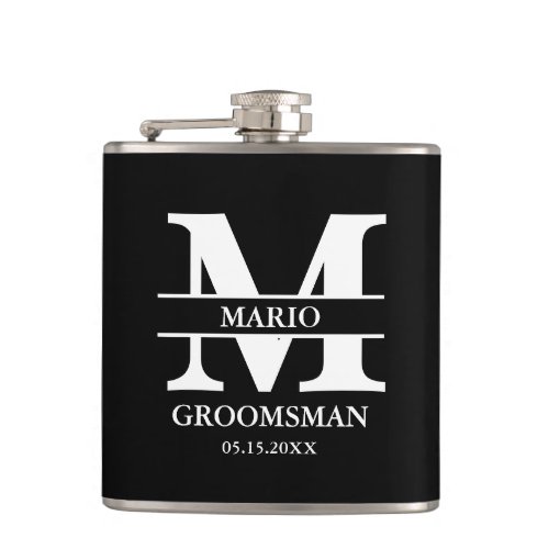 Custom Groomsman Best Man Wedding Monogram Black  Flask
